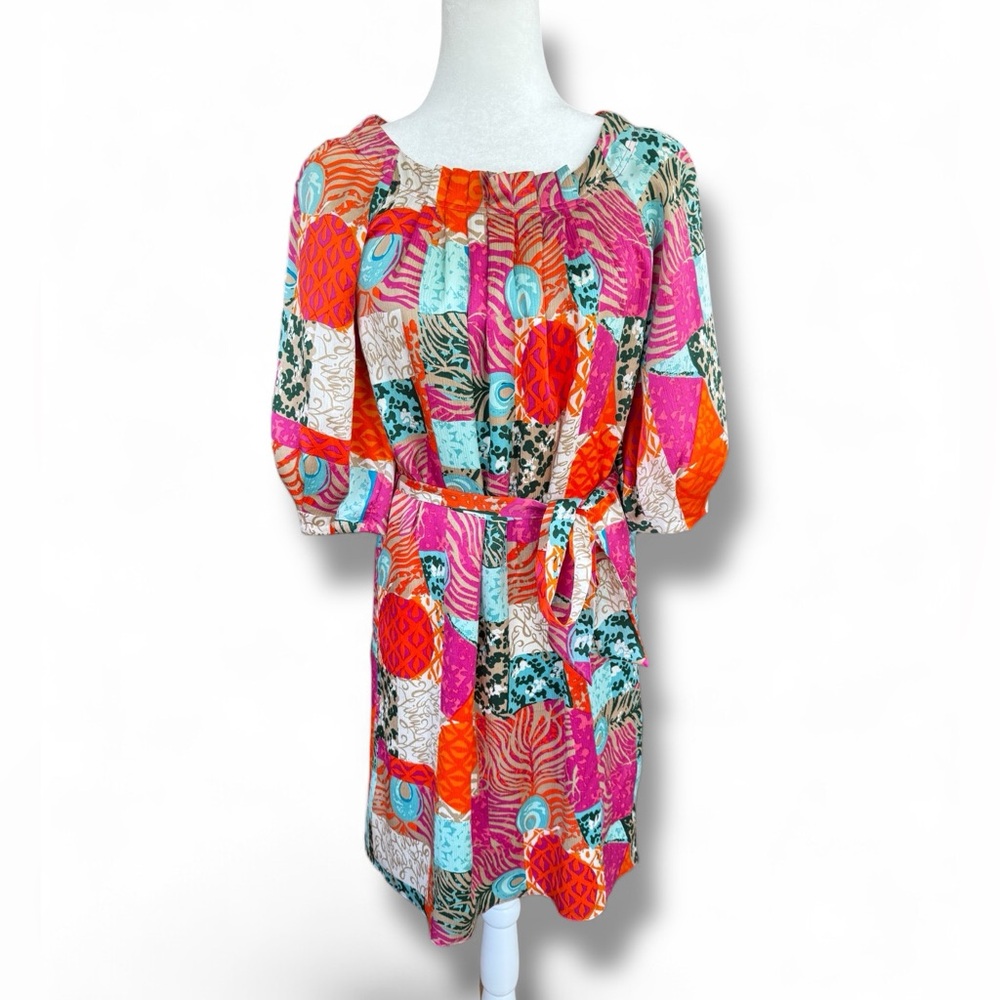 Lilly Pulitzer Keating Dress 100%‎ Silk Patchwork Multi Mini Belted Size 6